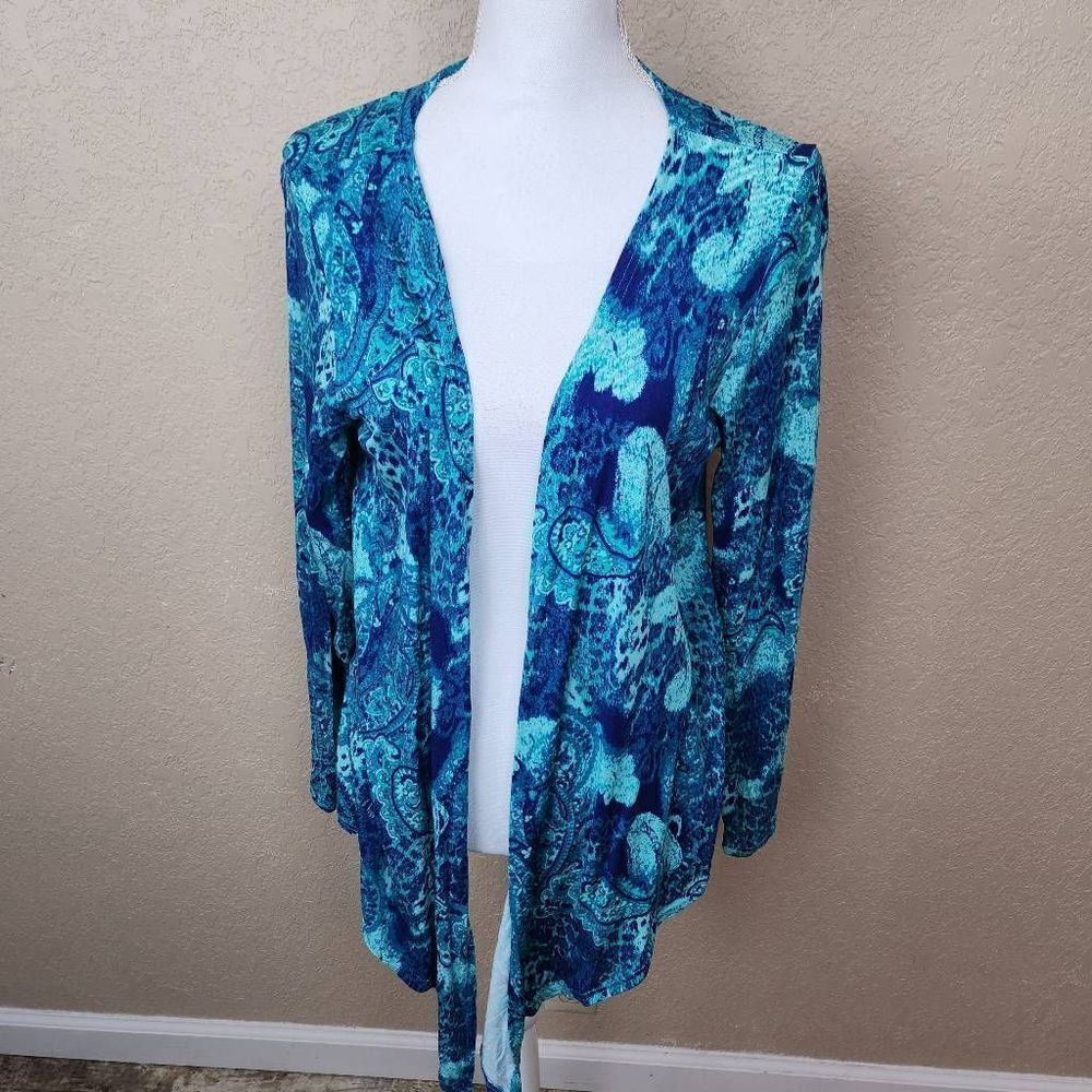 Liz Lange Teal Blue Green Paisley Knit Cardigan Large (7193)